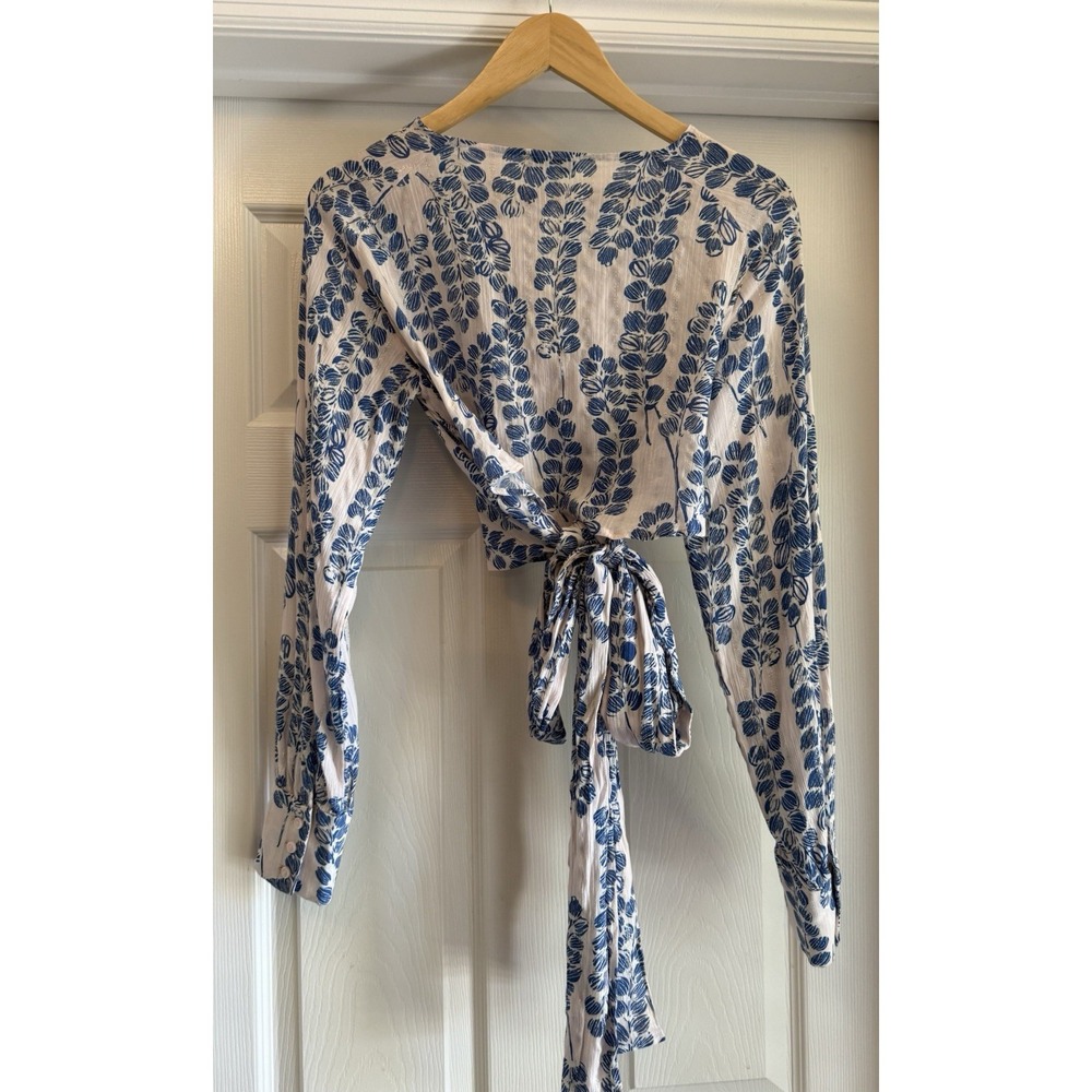 Reiss Wrap Top Womens 8 Blue Cream Botanical Leaf Metallic Lurex Tie Back Crop